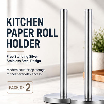 Kitchen Paper Roll Holder Pack of 2 Free Standing Silver Stainless Steel Countertop Tissue Stand Modern 32.5cm