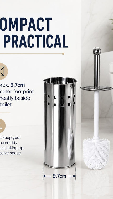 Toilet Brush With Holder Stainless Steel Bathroom WC Cleaning Brush Freestanding Silver White 38cm