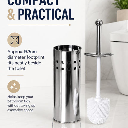 Toilet Brush With Holder Pack of 2 Stainless Steel Bathroom WC Cleaning Brush Freestanding Silver White 38cm