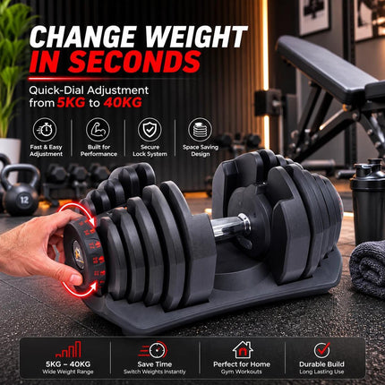 40kg Adjustable Dumbbell Set Quick Dial Weight Lifting Equipment for Home Gym Strength Training Fitness Exercise Workout with Adjustable Weights