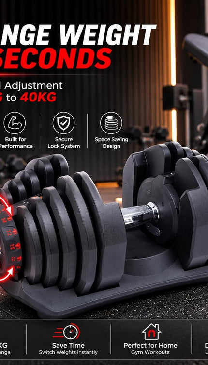 Adjustable Dumbbells 40KG Pack of 2, 5–40KG Quick Dial Weight System with Anti-Slip Aluminium Alloy Handle & Protective Bases, Space-Saving Home Gym Weights for Strength Training & Full Body Workouts
