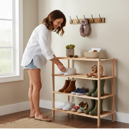 2 3 4 TIER SHOE RACK ORGANISER NATURAL SLATED WOOD FOOTWEAR STAND STORAGE SHELF