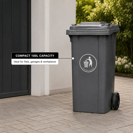 100L Grey Wheelie Bin with Lid, Rubber Wheels & Push Handle, Heavy Duty HDPE Wheeled Rubbish Bin for Home, Garden, Garage & Workplace, 74 × 53 × 45 cm