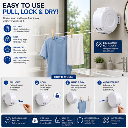 26M Retractable Clothes Line 30KG Heavy Duty Double Washing Line Extendable Wall Mounted Dryer