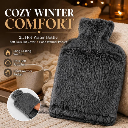 Hot Water Bottle 2L & Extra Long 2.2L with Soft Faux Fur Fleece Cover Reusable Winter Bed Warmer for Neck, Back, Stomach, Hands & Feet  Drinkware Portable Bottle