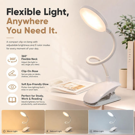Clip On LED Desk Lamp USB Dimmable Reading Light with 3 Modes for Bedside Study Office & Table