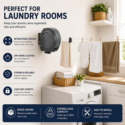 30M Retractable Clothes Line 30KG Heavy Duty Double Washing Line Extendable Wall Mounted Dryer