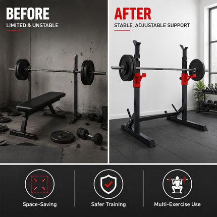Multi Purpose Adjustable Barbell Rack and Squat Stand for Bench Press, Weight Lifting and Strength Training, Heavy Duty Home Gym Fitness Equipment with Adjustable Height and Stable Base for Men Women