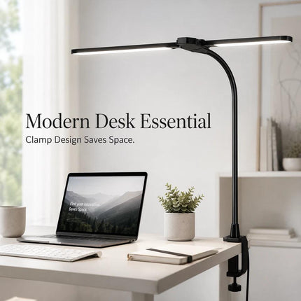 Dual Head LED Desk Lamp with Clamp, Touch Dimming, 5 Color Modes, Flexible Arm, Black Warm to Cool Reading Light for Home Office