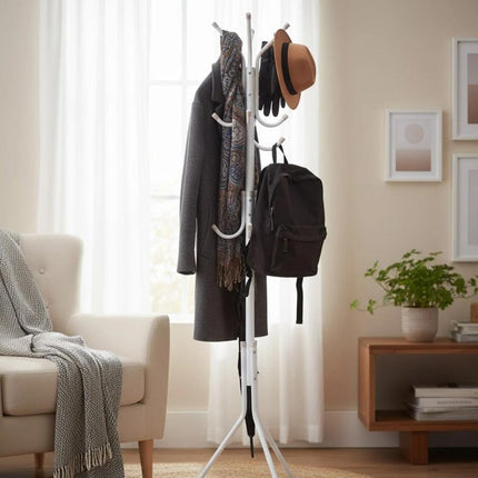Coat Rack Stand with 12 Hooks, White Metal Clothes Hanger Tree, Hat & Umbrella Organizer for Entryway