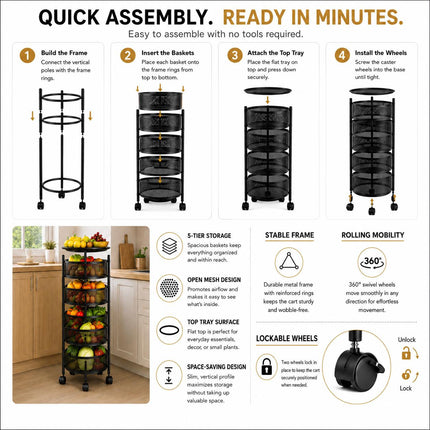 5 Tier Round Rotating Storage Trolley
