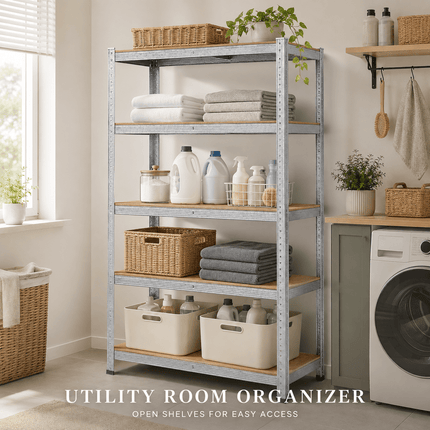 5 Tier Galvanised Steel Shelving Unit 150 x 70 x 30cm, Heavy Duty Adjustable Storage Rack for Garage, Workshop, Warehouse & Home Organisation, Silver, Pack of 1