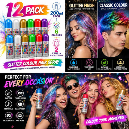 Pack of 12 Temporary Hair Colour Spray 200ml Washable Glitter Classic for Special Occasion Fancy Dress Up Hairspray Can for Parties Festivals Halloween - Haircare