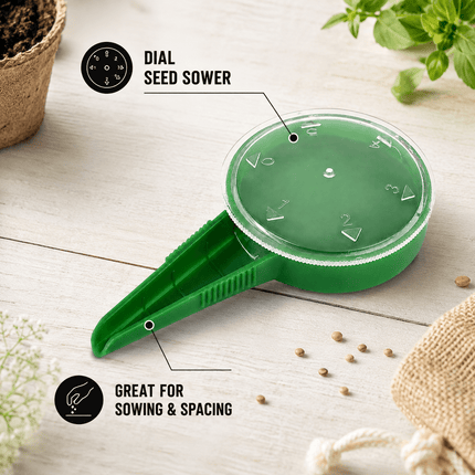 Seed Sower Dispenser with 5 Adjustable Dial Settings, Handheld Garden Seeder Spreader for Flower, Grass, Vegetable and Small Seeds, Easy Planting Tool