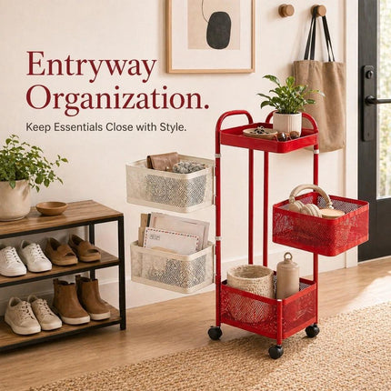 5 Tier Rotating Storage Trolley Rack, Carbon Steel Organiser Cart, Red & White