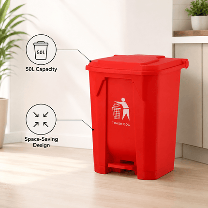 50L Pedal Trash Bin with Lid, Red PP5 Plastic Waste Bin, Hands-Free Foot Operated Rubbish Bin for Kitchen, Bathroom, Bedroom, Office & Workspace, Approx. 40.3 × 38.2 × 56.8 cm