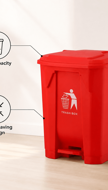 50L Pedal Trash Bin with Lid, Red PP5 Plastic Waste Bin, Hands-Free Foot Operated Rubbish Bin for Kitchen, Bathroom, Bedroom, Office & Workspace, Approx. 40.3 × 38.2 × 56.8 cm