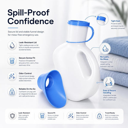 Unisex Urinal Bottle 1L with Lid & Funnel – Reusable Male & Female Urine Container for Elderly Patients, Bedside, Hospital, Travel, Camping & Car Emergency Use