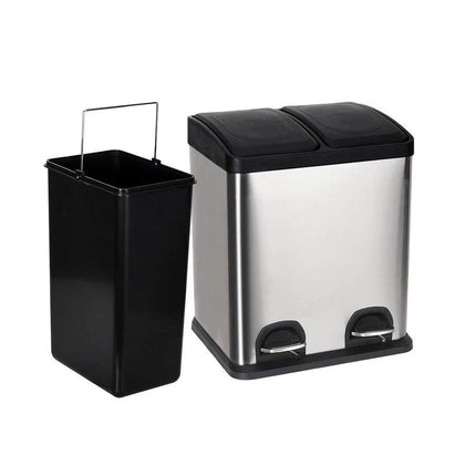 Dual Pedal Bin 2 x 15L Stainless Steel Recycling Waste Can 30L for Kitchen Office