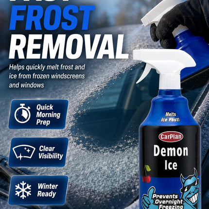 1L Car Demon Ice Spray Fast Acting Frost Ice Remover & Preventer for Frozen Windscreens Windows Cherry Scent Winter