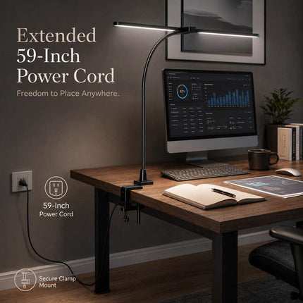 Dual Head LED Desk Lamp with Clamp, Touch Dimming, 5 Color Modes, Flexible Arm, Black Warm to Cool Reading Light for Home Office