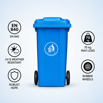 100L Wheelie Bin with Lid, Blue Heavy Duty HDPE Wheeled Refuse Bin with Rubber Wheels and Steel Axle, Outdoor Waste Bin for Home, Flat, Garage and Workplace, 74 × 53 × 45 cm