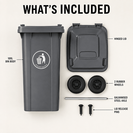 100L Grey Wheelie Bin with Lid, Rubber Wheels & Push Handle, Heavy Duty HDPE Wheeled Rubbish Bin for Home, Garden, Garage & Workplace, 74 × 53 × 45 cm