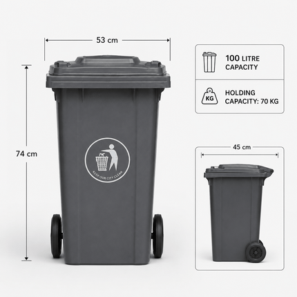 100L Grey Wheelie Bin with Lid, Rubber Wheels & Push Handle, Heavy Duty HDPE Wheeled Rubbish Bin for Home, Garden, Garage & Workplace, 74 × 53 × 45 cm