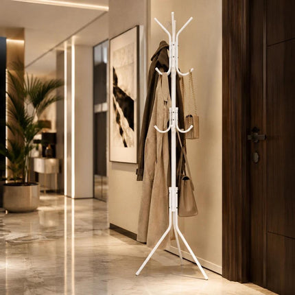 Coat Rack Stand with 12 Hooks, White Metal Clothes Hanger Tree, Hat & Umbrella Organizer for Entryway