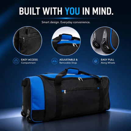 Travel Luggage Bag With Wheels 80L Large Foldable Duffle Bag Adjustable Shoulder Strap Blue / Black For Travel Sports Gym