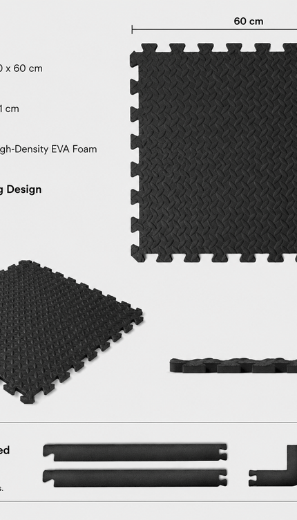 6pc Black EVA Foam Gym Mats 60 × 60 × 1cm with 8 Edge Borders