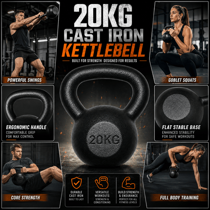 20kg Cast Iron Kettlebell, Black Strength Training Weight with Flat Base for Home Gym Workouts