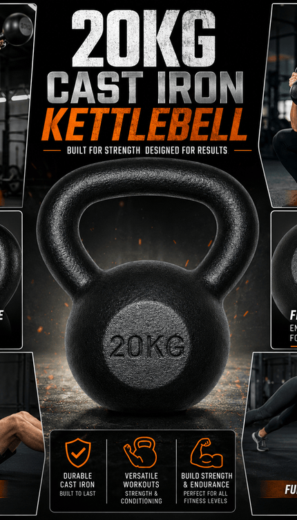 20kg Cast Iron Kettlebell, Black Strength Training Weight with Flat Base for Home Gym Workouts