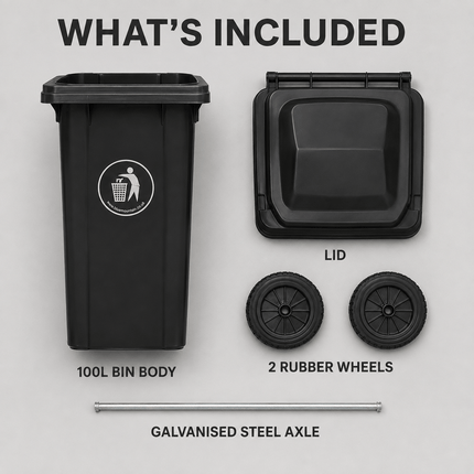 100L Black Wheelie Bin with Lid, Rubber Wheels and Push Handle, Heavy Duty HDPE Wheeled Rubbish Bin for Household, Garden, Garage and Workplace Waste