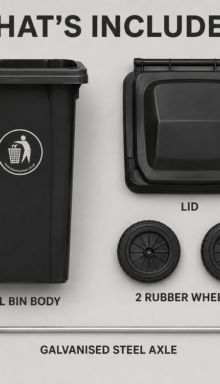 100L Black Wheelie Bin with Lid, Rubber Wheels and Push Handle