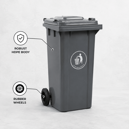 100L Grey Wheelie Bin with Lid, Rubber Wheels & Push Handle, Heavy Duty HDPE Wheeled Rubbish Bin for Home, Garden, Garage & Workplace, 74 × 53 × 45 cm