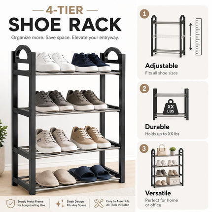 4-Tier Lightweight Shoe Rack Stand – Office & Entryway Boot Storage Shelf Organizer