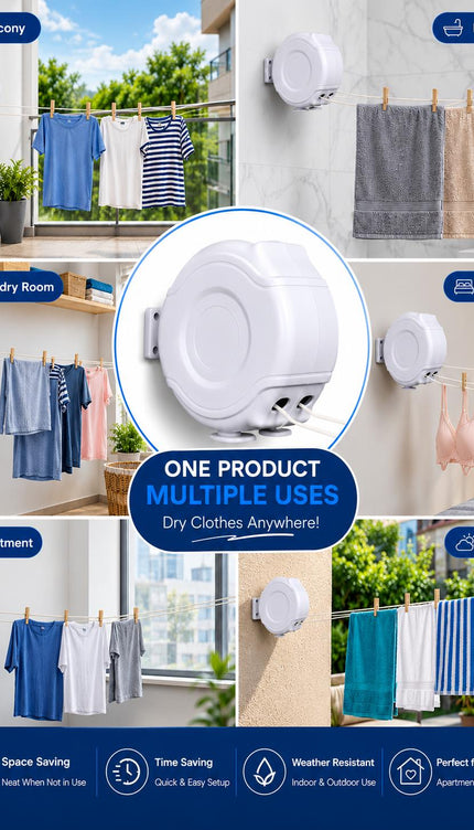 Retractable Clothes Reel Wall Mounted Drying Line 12m 15m 26m 30m Indoor Outdoor Laundry Airer Space Saving