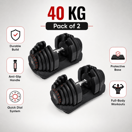 40kg Adjustable Dumbbell Quick Dial Weight System, Space Saving Home Gym Fitness Weight with Non-Slip Handle & Storage Base for Strength Training, Full Body Exercise – Pack of 1 or 2