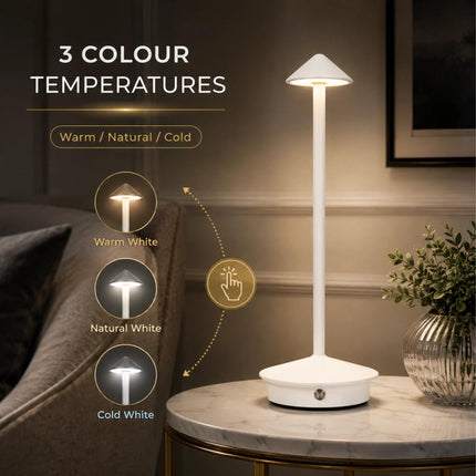 White Cordless LED Table Lamp USB-C Rechargeable Dimmable Metal Light 3 Colour Modes