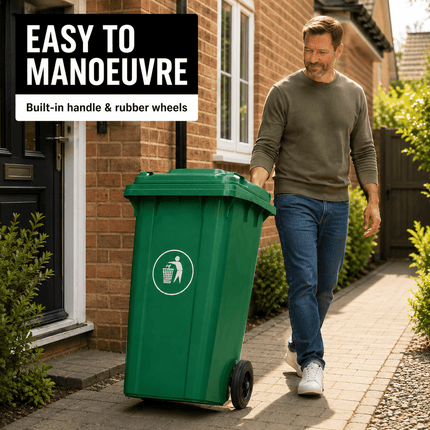100L Green Wheelie Bin with Lid and Rubber Wheels, Heavy Duty HDPE Wheeled Refuse Bin for Household, Garden, Garage and Workplace Waste, 74 × 53 × 45 cm