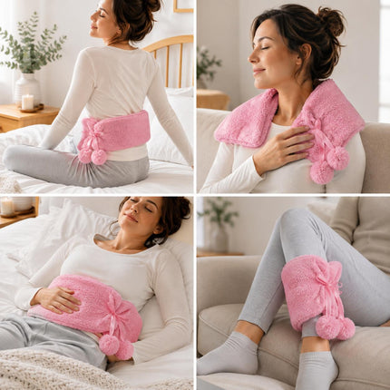 Hot Water Bottle with Soft Plush Fleece Extra Long 2.2L Cover  Pink  Long Heat Therapy Bottle for Neck, Back, Shoulders, Waist & Period Pain Relief