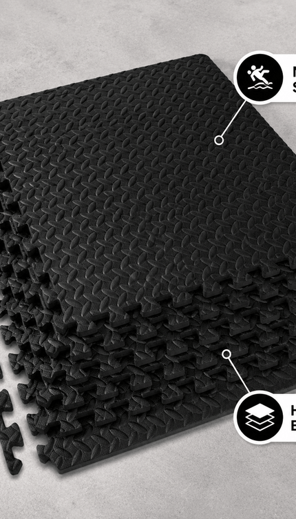 6pc Black EVA Foam Gym Mats 60 × 60 × 1cm with 8 Edge Borders