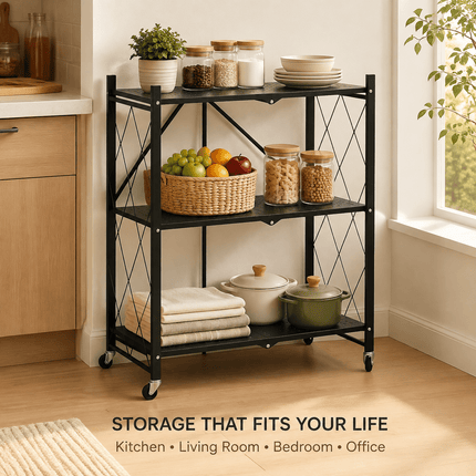 3 Tier Folding Storage Shelf Rack with Wheels, Freestanding Black Metal Shelving Unit, Foldable Mobile Organiser for Kitchen, Living Room, Bedroom, Office and Utility Room, Medium Size