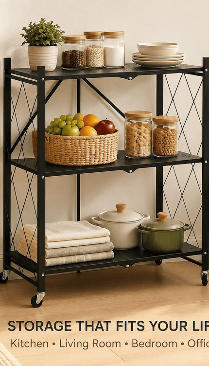3 Tier Folding Storage Shelf Rack with Wheels, Freestanding Black Metal Shelving Unit, Foldable Mobile Organiser for Kitchen, Living Room, Bedroom, Office and Utility Room, Medium Size
