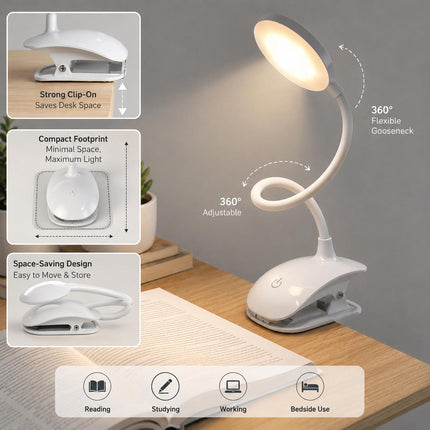 Clip On LED Desk Lamp USB Dimmable Reading Light with 3 Modes for Bedside Study Office & Table
