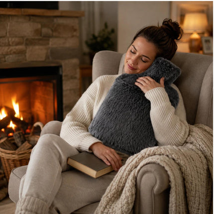 2L Hot Water Bottle with Luxury Faux Fur Cover & Hand Warmer Pocket, Soft Winter Heat Bag with Secure Screw Cap for Bed, Sofa, Back, Tummy, Hands & Feet – Pink, Dark Grey, Light Grey