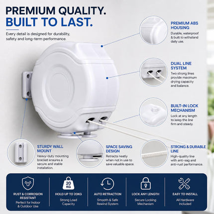 26M Retractable Clothes Line 30KG Heavy Duty Double Washing Line Extendable Wall Mounted Dryer