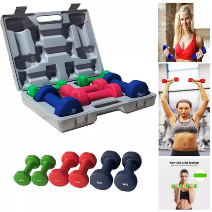 12kg Neoprene Dumbbell Set with Carry Case 1kg, 2kg & 3kg Pair Vinyl Hand Weights for Strength Training, Aerobics & Home Workouts – Anti-Roll, Non-Slip Grip, Compact Design