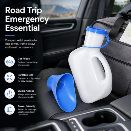 Unisex Urinal Bottle 1L with Lid & Funnel – Reusable Male & Female Urine Container for Elderly Patients, Bedside, Hospital, Travel, Camping & Car Emergency Use